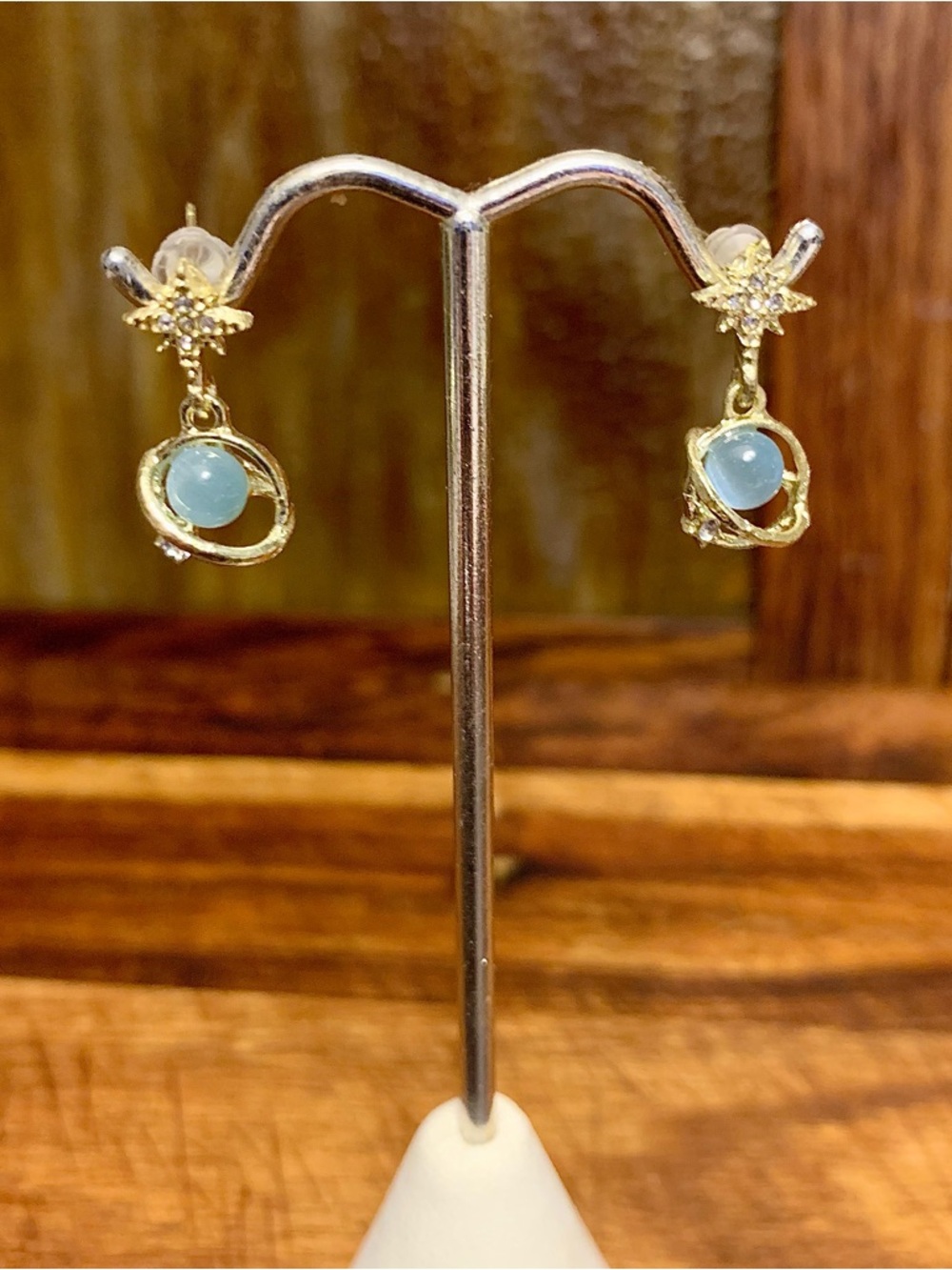 Cosmic Star River Ear Stud Earrings Blue Opal Cat Eye - Picture 7 of 8